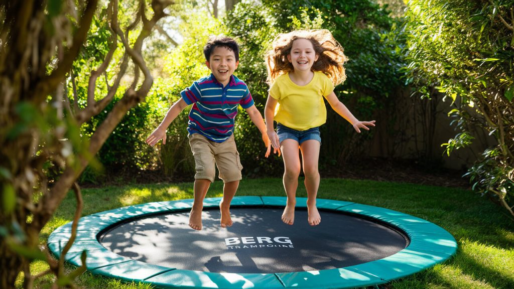 børn der springer på en nedgravet berg trampolin