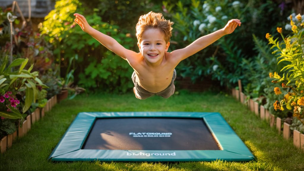 dreng på en berg havetrampolin der er gravet ned i deres have