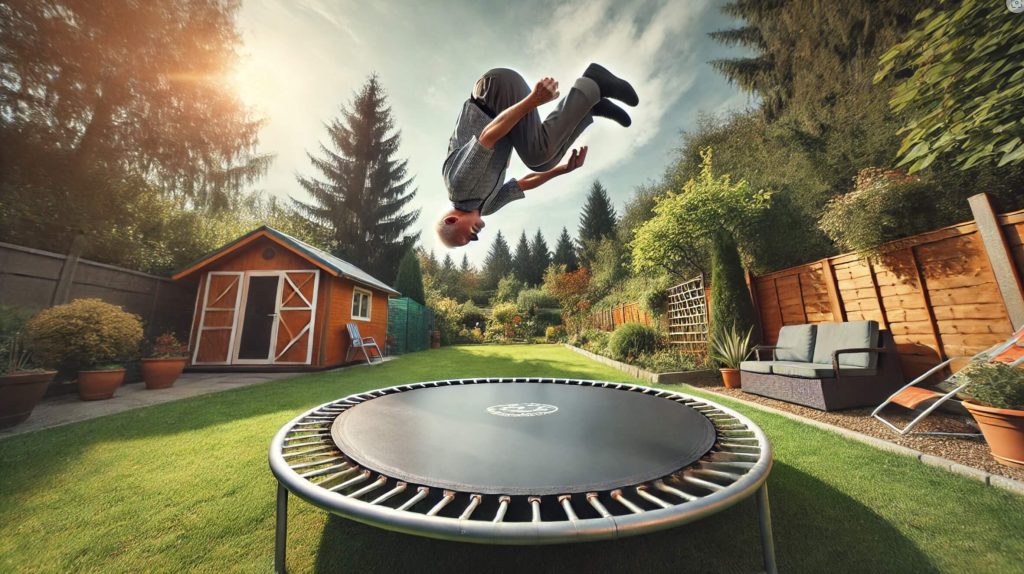 Ældre man laver en salto på en trampolin